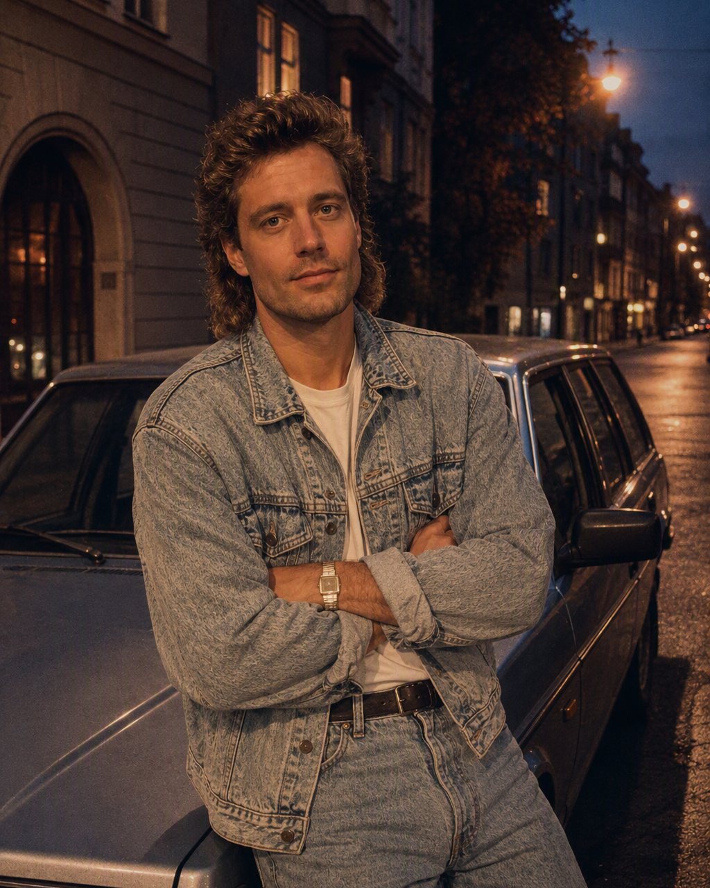 En gatubild vid bilen blir en kväll 1986 bredvid en Volvo 240.