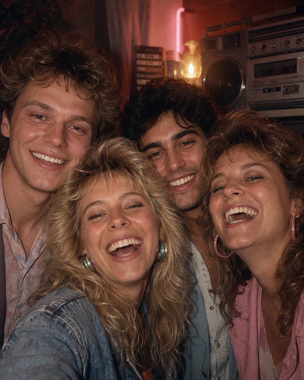 En gruppselfie flyttar till en hemmafest 1986, med tidstypiskt hår på alla i bilden.