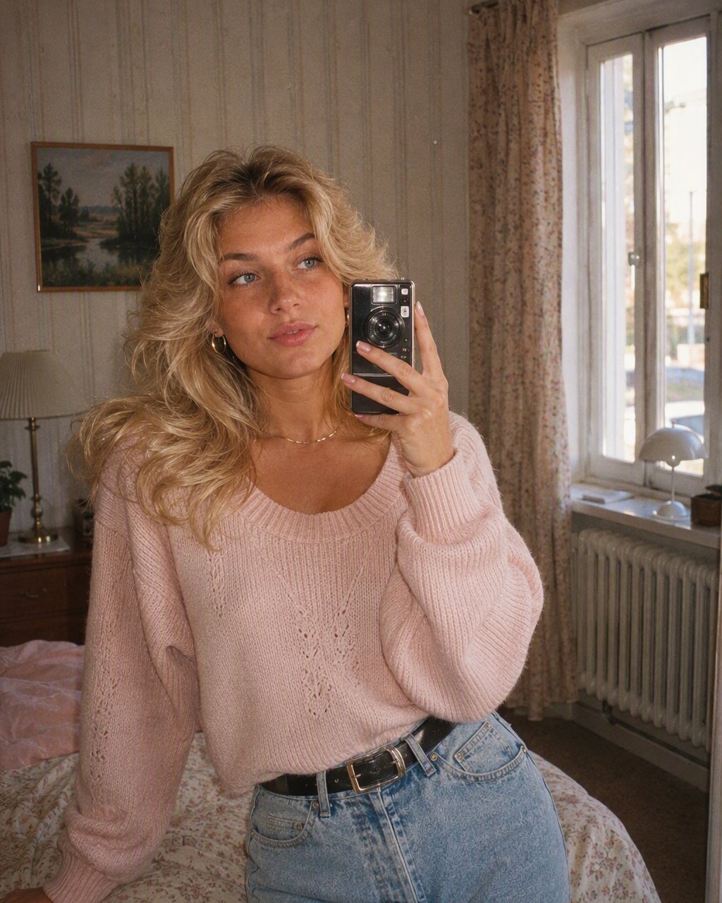 Spegelselfien i sovrummet blir ett studioporträtt från 1986: telefonen försvinner och håret växer.