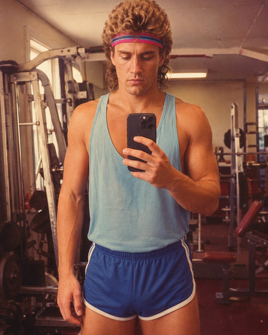 En gymselfie hamnar mitt i aerobicseran, med pannband och neonfärger.