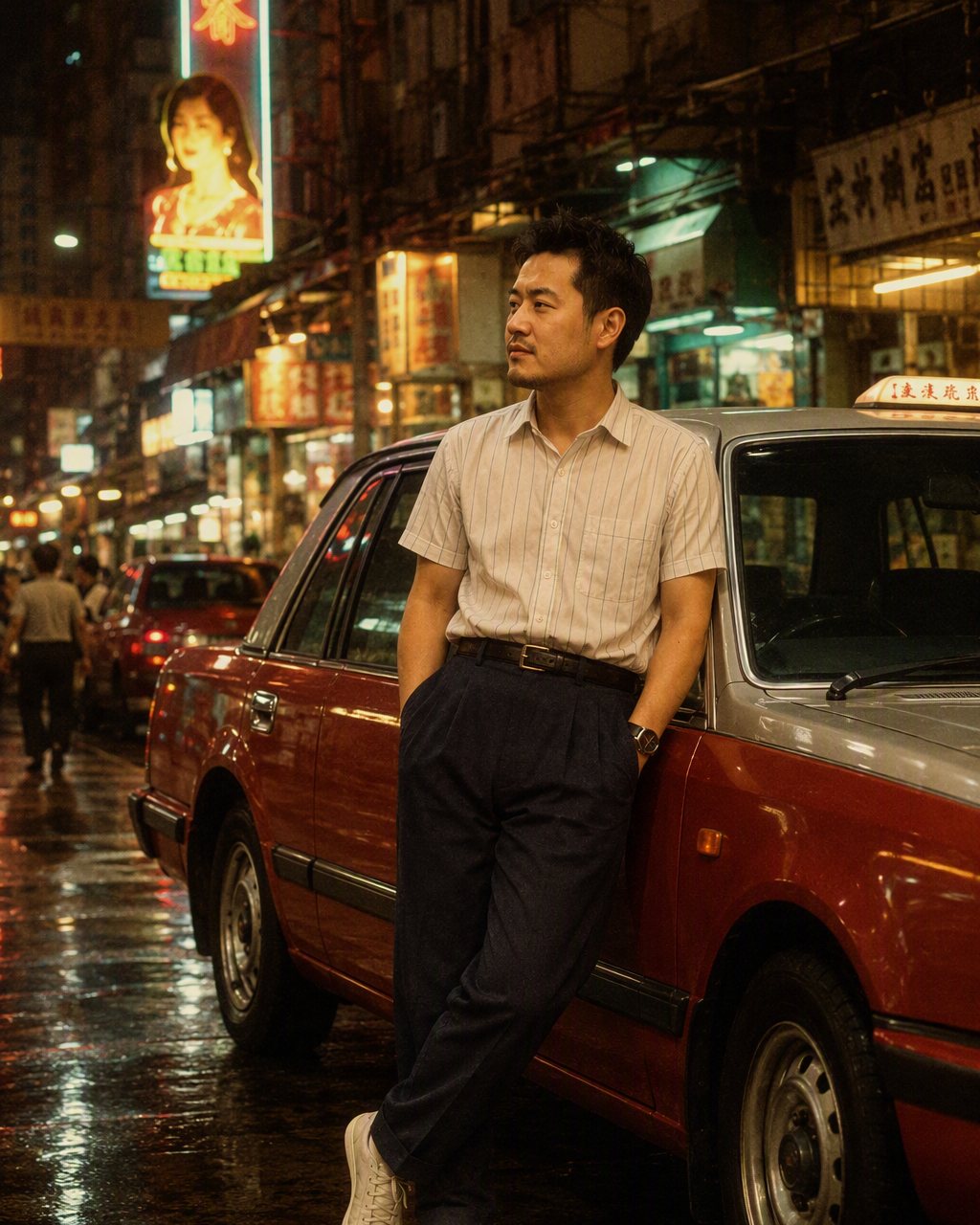 車旁夜景相嘅港式復古調色:紅的士、霓虹倒影、青色陰影、暖黃高光、菲林粒子