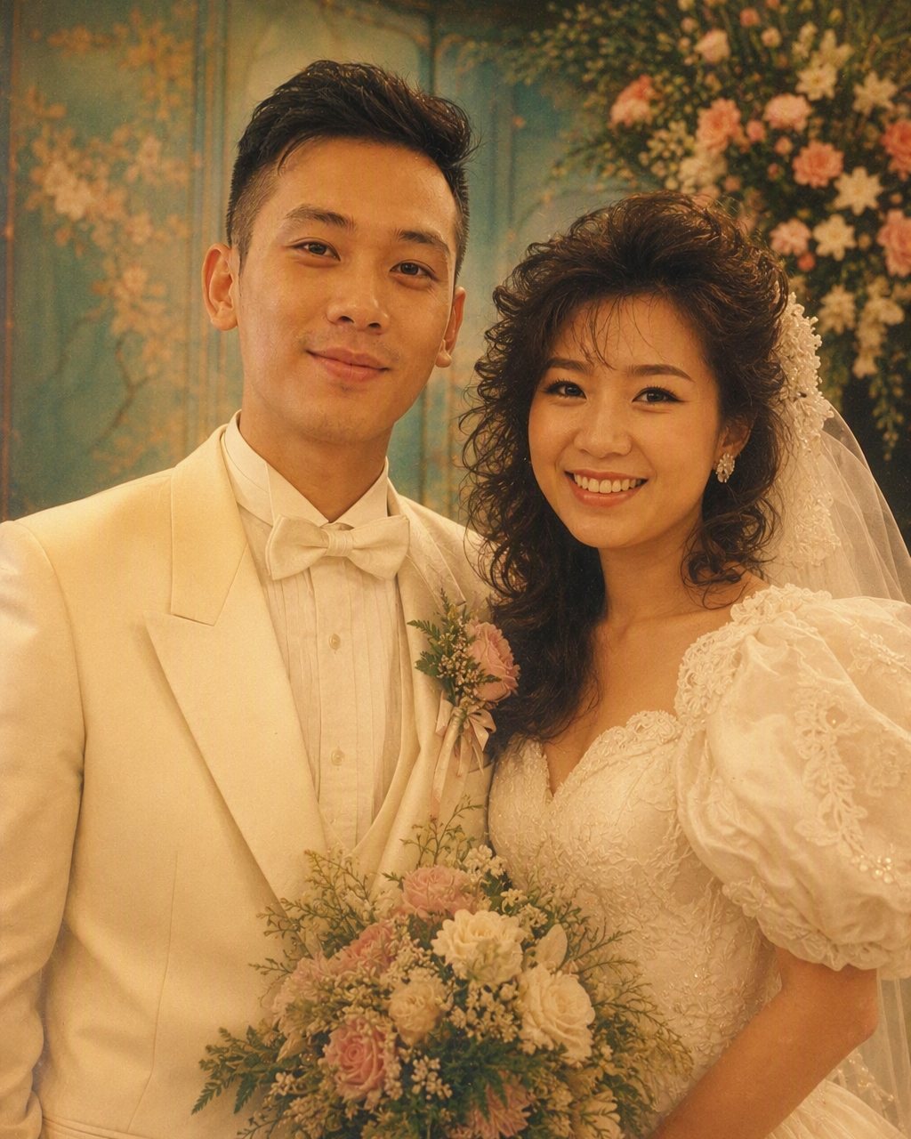 一對新人嘅港風婚紗照，新郎係深側分髮型配闊領雙排扣西裝