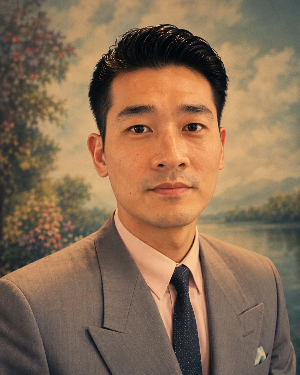 一位女士嘅港風妝容人像：粗而有角度嘅眉、啞光紅唇心形嘴、煙燻眼影、大波浪髮、影樓柔光