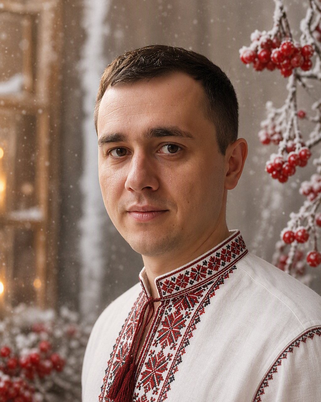 Чоловічий ШІ-портрет у вишиванці на зимовому тлі