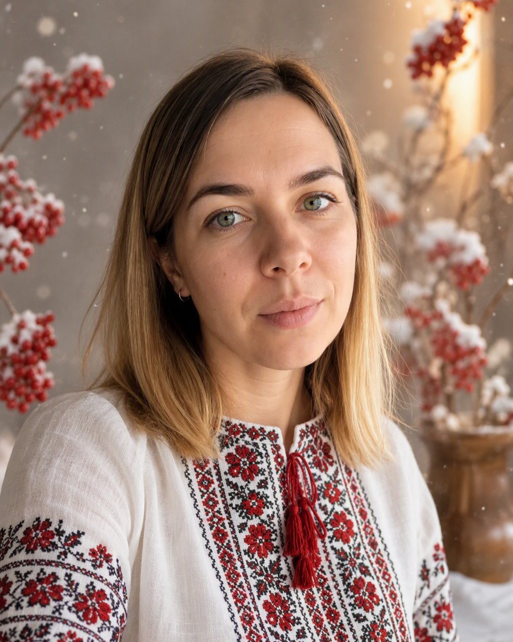 ШІ-портрет у вишиванці: тепле студійне світло, зимове тло, обличчя людини збережене